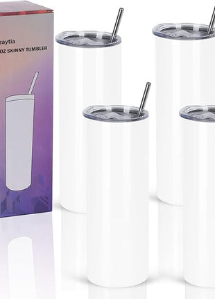 4 Pack 20 Oz Straight Skinny Tumblers,Individually Gift Boxed Stainless Steel Slim Skinny Tumbler Set Bulk, 20 Oz Insulated Slim Thin Travel Tumbler Cup for Diy, White