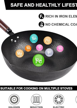 12.8" Carbon Steel Wok-11Pcs Woks & Stir Fry Pans Wok Pan with Lid, No Chemical Coated Chinese Woks with 10 Cookware Accessories, Flat Bottom Wok for Electric, Induction,Gas Stoves