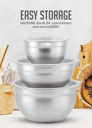 OVENTE Mixing Bowl Set with Lids, 3-Piece Stainless Steel Nesting Bowls for Easy Food Storage, Stackable Design, Kitchen Essential for Baking, Cooking and Prepping, Size 5, 3.5, 1.5QT, Silver BM46333S