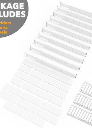 SpaceAid Bamboo Drawer Dividers with Inserts and Labels, Kitchen Adjustable Drawer Organizers, Expandable Organization for Home, Office, Dressers, 10 Dividers with 24 Inserts (17"-22" White)