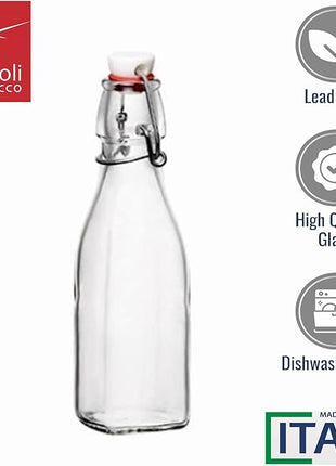 Bormioli Rocco Swing Top Glass Bottle (Set of 4) - 8.5 oz Reusable Container with Secure Metal Clasp, Ideal for Homemade Juices, Oil Infusions, Condiments, Mixers - Everyday Drinking Glasses