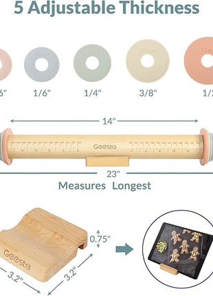 Geesta Adjustable Wood Rolling Pin with 5 Thickness Rings, Precise Dough Roller Handle Press Design with Measurement Guide for Fondant, Pizza, Pie Crust, Cookie, Pastry Baking Decorating Accessories