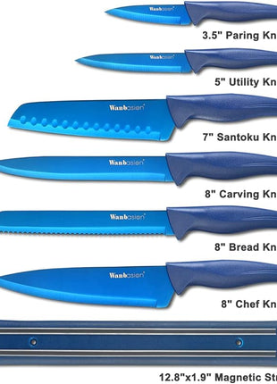 Wanbasion 7 Piece Blue Kitchen Knife Set with Magnetic Strip, Kitchen Knife Set Stainless Steel, Sharp Knife Set for Kitchen for Meat Vegetable Cutting