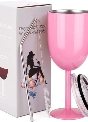 AMZUShome Stainless Steel Wine Glasses Cups.Double Walled Vacuum Insulated Wine Tumbler With Lid and Straw.Friendship,Christmas,Birthday Gifts for Women Men Friends Dad Mom(10oz Light Pink)