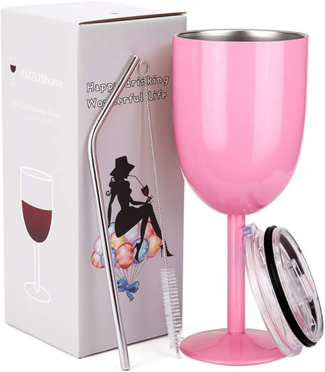 AMZUShome Stainless Steel Wine Glasses Cups.Double Walled Vacuum Insulated Wine Tumbler With Lid and Straw.Friendship,Christmas,Birthday Gifts for Women Men Friends Dad Mom(10oz Light Pink)