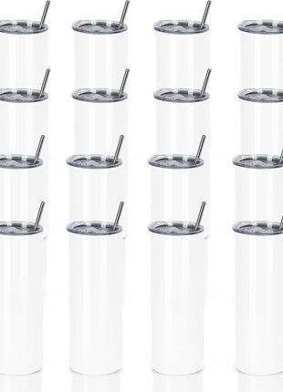 16 Pack 20 Oz Straight Skinny Tumblers,Individually Gift Boxed Stainless Steel Slim Skinny Tumbler Set Bulk, 20 Oz Insulated Slim Thin Travel Tumbler Cup for Diy, White
