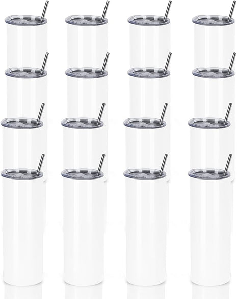 16 Pack 20 Oz Straight Skinny Tumblers,Individually Gift Boxed Stainless Steel Slim Skinny Tumbler Set Bulk, 20 Oz Insulated Slim Thin Travel Tumbler Cup for Diy, White