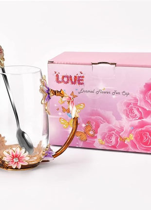 OEAGO Purple Gifts for Women Mom Mothers Day Glass Coffee Enamels Mug Best Birthday Flower Gifts for Her from Daughter Son Lead-Free Christmas Tea Cup with Spoon Set