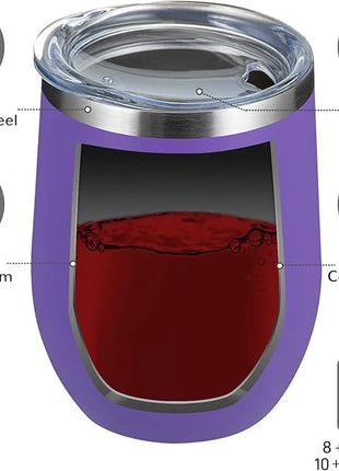 MEWAY 12oz/4 Pack Wine Tumbler Glasses with Lid - Stemless Double Wall Vacuum Stainless Steel Travel Tumbler - Keeping Cold & Hot for Wine,Coffee,Cocktails,Drinks-Family and Gifts (Purple,Set of 4)