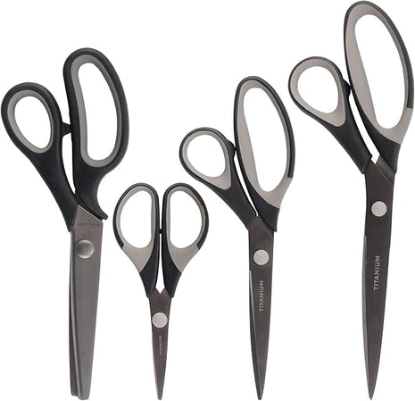 BambooMN Titanium Softgrip Scissors Set - Pinking, Sewing, Arts, Crafts, Office - 1 Set of 4 - Black w/Grey Inlays