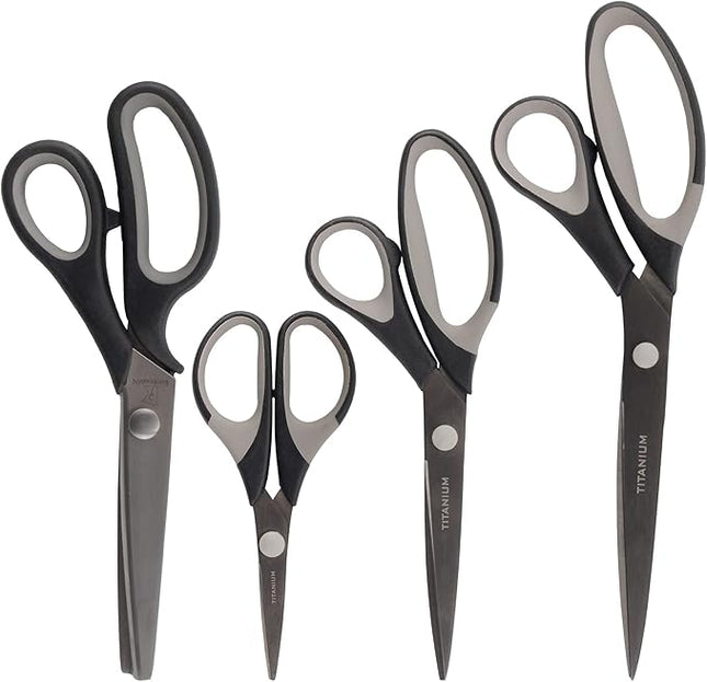 BambooMN Titanium Softgrip Scissors Set - Pinking, Sewing, Arts, Crafts, Office - 1 Set of 4 - Black w/Grey Inlays