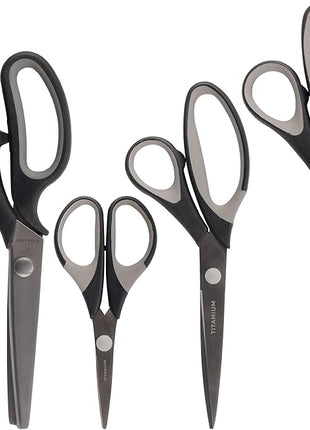 BambooMN Titanium Softgrip Scissors Set - Pinking, Sewing, Arts, Crafts, Office - 10 Sets of 4 - Black w/Grey Inlays