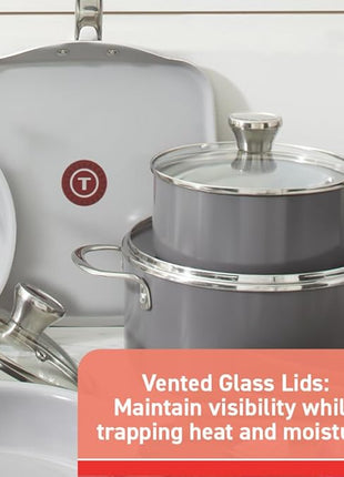 T-fal Fresh Gourmet Recycled Ceramic Non Stick Cookware Set 12 Piece, Oven Broiler Safe 500F, Lid Safe 350F, Kitchen Cooking Set W/Fry Pans, Saucepans, Dutch Oven, Utensils, Pots and Pans Set, Grey