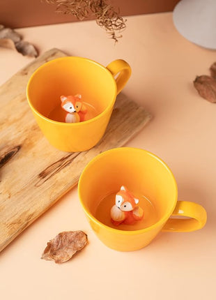 DIHOclub Fox Ceramic Cup Hidden 3D Animal Inside Mug,Cute Cartoon Handmade Figurine Mugs,Holiday and Birthday Gift for Coffee Milk Tea Lovers,12 OZ(Yellow)