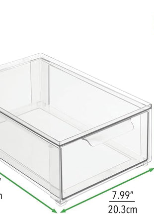 mDesign Plastic Stackable Closet Storage Organizer Bin Containers with Front Pull Drawer for Cabinet, Desk, Shelf, Cupboard, or Dresser Organization - Lumiere Collection - Set of 3 - Clear