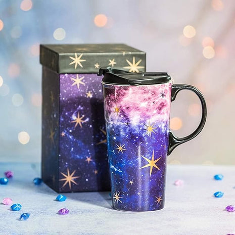 Topadorn Ceramic Travel Mug Coffee Cup 17 OZ., with Sealed Lid and Gift Box, Purple Starry Sky