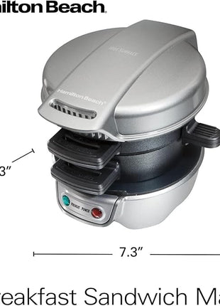Hamilton Beach Breakfast Sandwich Maker with Egg Cooker Ring, Customize Ingredients, Perfect for English Muffins, Croissants, Mini Waffles, Perfect White Elephant Gifts, Silver (25475)