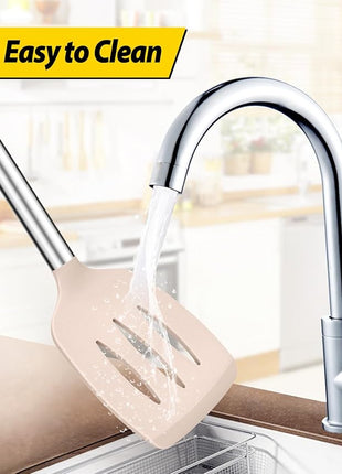 Pack of 4 Silicone Cooking Utensils Set, Non Stick Large Solid Spatulas, Heat Resistant Stainless Steel Khaki Slotted Spoons, Ideal BPA Free Kitchen Turners for Frying, Mixing,Serving,Draining,Turning