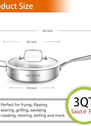 DELARLO Tri-Ply Stainless Steel 10 Inch Frying Pan,3 Quart Sauté Pan with lid,Compatible with All Cooktops,Oven Up to 660℉,Chicken Fryer,Dishwasher-Friendly