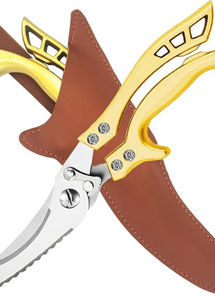 ANDONG Heavy Duty Kitchen Poultry Shears with Serrated Edge, Spring Loaded Kitchen Scissors, Professional Chicken Shears, Gold