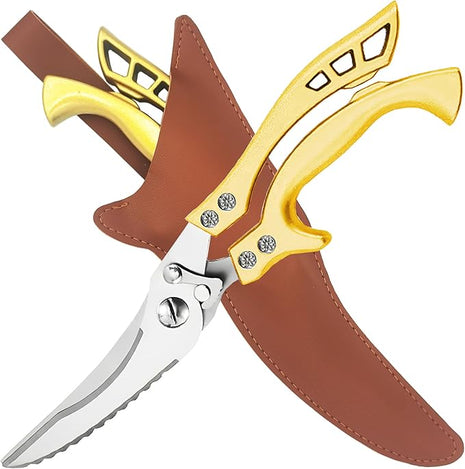 ANDONG Heavy Duty Kitchen Poultry Shears with Serrated Edge, Spring Loaded Kitchen Scissors, Professional Chicken Shears, Gold