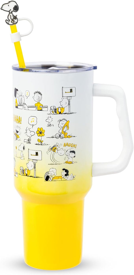 Silver Buffalo Peanuts Featuring Charlie Brown, Snoopy, Woodstock, Lucy, Sally, Linus, and More Stainless Steel Tumbler with Handle and Straw, Fits in Standard Cup Holder, 40 Ounces (Pack of 12)