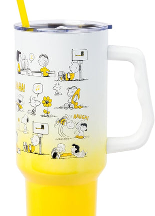 Silver Buffalo Peanuts Iconic Scenes Featuring Charlie Brown, Snoopy, Woodstock, Lucy, Sally, Linus & More Stainless Steel Tumbler w Handle, Straw, & Straw Cap, Fits in Standard Cup Holder, 40 Ounces