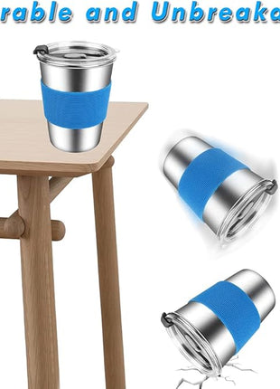 Kids Stainless Steel Cups, Kids Metal Drinking Glasses with Lids, Stainless Steel Straws and Sleeves, 12oz Reusable Water Tumbler for Children and Adults, Apply to Indoor and Outdoor