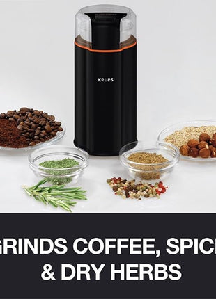 KRUPS Silent Vortex Electric Coffee Grinder: 3 oz Capacity, 5x Quieter, 175W Motor for Coffee Beans, Spices & Herbs - Removable Dishwasher-Safe Bowl, 12-Cup Yield, Black