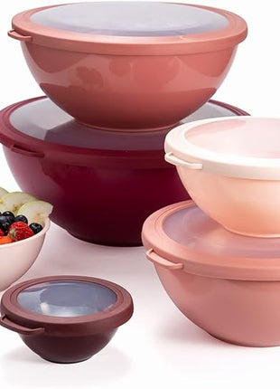 COOK WITH COLOR Mixing Bowls with TPR Lids - 12 Piece Plastic Nesting Bowls Set includes 6 Prep Bowls and 6 Lids, Microwave Safe (Rose)