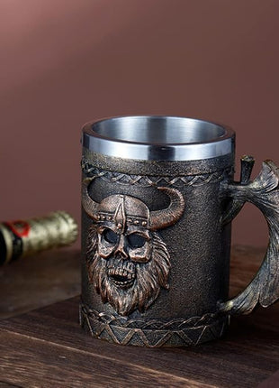 Arola Viking Axe Mug, Stainless Steel Horn Beer Cup, Viking Warrior Skull Cup Tankard, Drinking Cup Coffee Beer Steins,Medieval Skull Drinkware Mug for Coffee/Beverage/Juice17oz Gift for Men