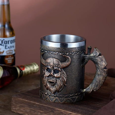 Arola Viking Axe Mug, Stainless Steel Horn Beer Cup, Viking Warrior Skull Cup Tankard, Drinking Cup Coffee Beer Steins,Medieval Skull Drinkware Mug for Coffee/Beverage/Juice17oz Gift for Men