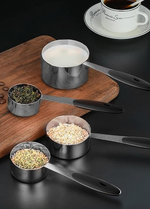 Joyhill Stainless Steel Measuring Cups and Spoons Set of 10 Piece, Nesting Metal Measuring Cups Set with Soft Touch Silicone Handles for Dry and Liquid Ingredients, Cooking & Baking (Black)