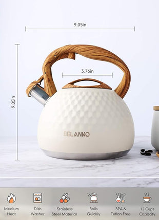 BELANKO 2.7 Quart Tea Kettle for Stovetop - Food Grade Stainless Steel with Diamond Texture, Designer Teapot Look, Cool-Touch Wood Pattern Handle, Whistling Spout - Milk White