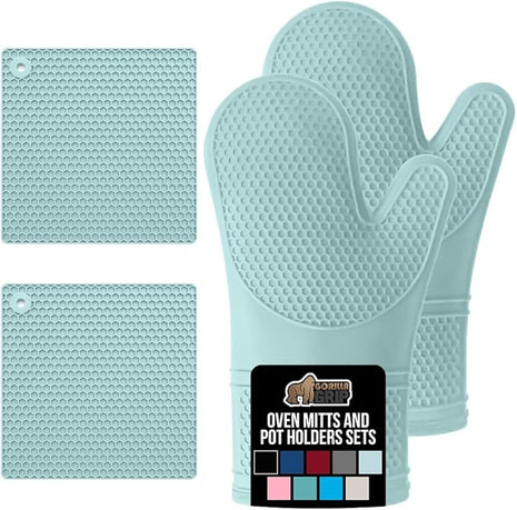 GORILLA GRIP BPA-Free Soft Silicone Oven Mitts and Pot Holders Sets of 4, Heat Resistant Waterproof Cooking Gloves, Thick Cotton Lining, Flexible Gripping for Baking Grilling, Kitchen Trivets, Mint