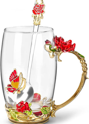 OEAGO Gifts for Women Mom Mothers Tea Cup Best Birthday Butterfly Rose Gifts for Her from Daughter Son Glass Coffee Christmas Enamels Mug Lead-Free with Spoon Set
