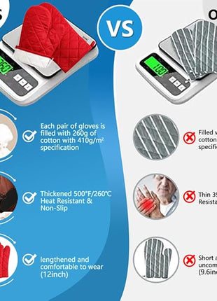 Oven Mitts and Pot Holders 4 pcs Set,High Heat Resistant 500 Degree Extra Thicken Long Kitchen Cotton Oven Glove for Cooking (12 Inch,Red)