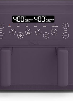 bella 4 Qt TriZone Air Fryer, EverGood™ Ceramic Nonstick Coating, Dual Basket Design w Removable Divider, Digital Touchscreen Control w 6 Preset Cooking Options, 1200 Watt, 3lb Capacity, Plum