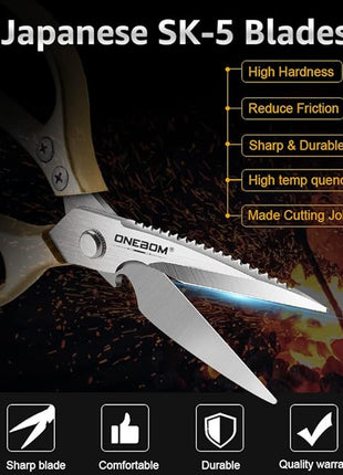 ONEBOM 2 Pack Kitchen Shears,Multi-Function Kitchen Scissors Heavy Duty Sharp 304 Stainless Steel, Gold Apartment Kitchen Accessories Cooking Shears for Chicken,Meat,Fish,Poultry (Gold)