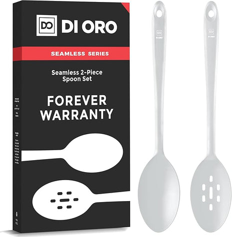 DI ORO Silicone Spoons for Cooking - Large Kitchen Utensils for Mixing, Serving, & Stirring - 600F Heat-Resistant Non Stick - Big Solid & Slotted Basting Spoons - Dishwasher Safe (2pc, Stone)