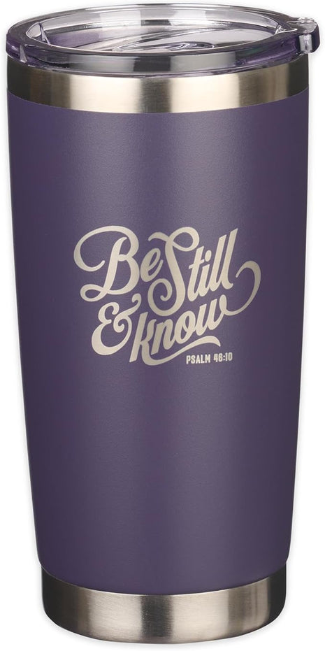 Christian Art Gifts Stainless Steel Double Wall Vacuum Insulated Tumbler 18 oz Purple Bible Verse Travel Mug with Retractable Lid for Women with Bible Verse - Be Still & Know - Psalm 46:10