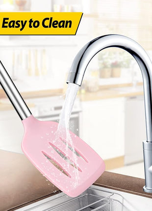 Pack of 4 Silicone Cooking Utensils Set, Non Stick Large Solid Spatulas, Heat Resistant Pink Slotted Spoons, Ideal BPA Free Kitchen Turners for Frying, Mixing,Serving,Draining,Turning,Stirring