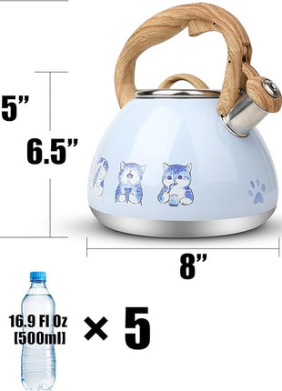 Tea Kettle, Toptier Teapot Whistling Kettle with Wood Pattern Handle Loud Whistle, Food Grade Stainless Steel Tea Pot for Stovetops Induction Water Kettle, 2.7-Quart Blue Cat