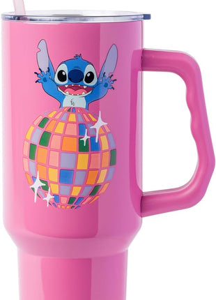 Silver Buffalo Disney Lilo and Stitch Life is a Party Disco Ball Stainless Steel Tumbler with Handle and Straw, Fits in Standard Cup Holder, 40 Ounces
