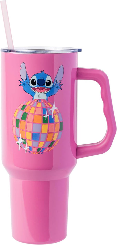 Silver Buffalo Disney Lilo and Stitch Life is a Party Disco Ball Stainless Steel Tumbler with Handle and Straw, Fits in Standard Cup Holder, 40 Ounces