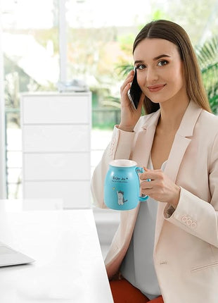 Cute Cat Cup Ceramic Coffee Mug with Kawaii Cat Wooden Lid, Lovely Stainless Steel Spoon, Anime Kitty Thicken Wooden Coaster, Christmas Birthday Cute Thing Japanese Mug 16oz (Blue)