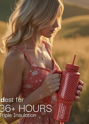 Coldest Tumbler with Handle and Straw - 100% Spill Proof Tumbler with Straw (3 Lids), Stainless Steel Insulated Leakproof Tumblers for Women & Men - 36 oz (Raspberry Reflections)