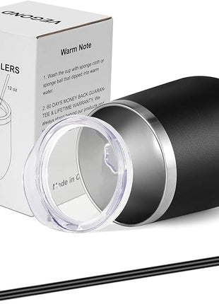 VEGOND 12oz Stainless Steel Wine Tumbler with Lid and Straw, Double Wall Vacuum Insulated Stemless Wine Glass Tumbler Cup, Coffee Mug for Cold Hot Drinks