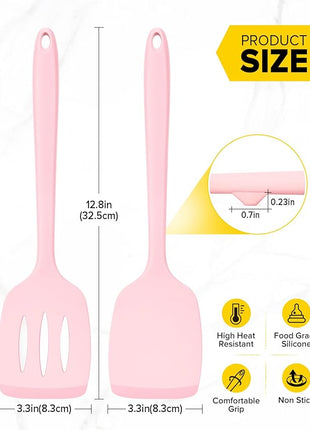 Pack of 2 Silicone Spatula Turners, Non Stick Slotted Kitchen Spatula Set, Heat Resistant BPA Free Kitchen Utensils, One-Piece Design, Suitable for Flipping Fish, Eggs, Steak, Pancakes (PINK)