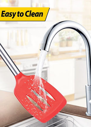 Pack of 2 Silicone Solid Turner, Non Stick Slotted Kitchen Spatulas, High Heat Resistant BPA Free Cooking Utensils, Ideal Cookware for Fish, Eggs, Pancakes(Red)